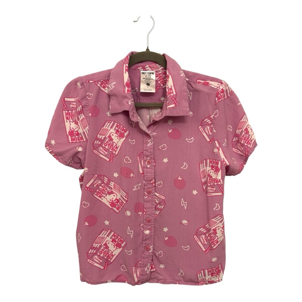 Hot Topic Hello Kitty Pink Strawberry Milk Button-Up Shirt Retro | Kawaii Small